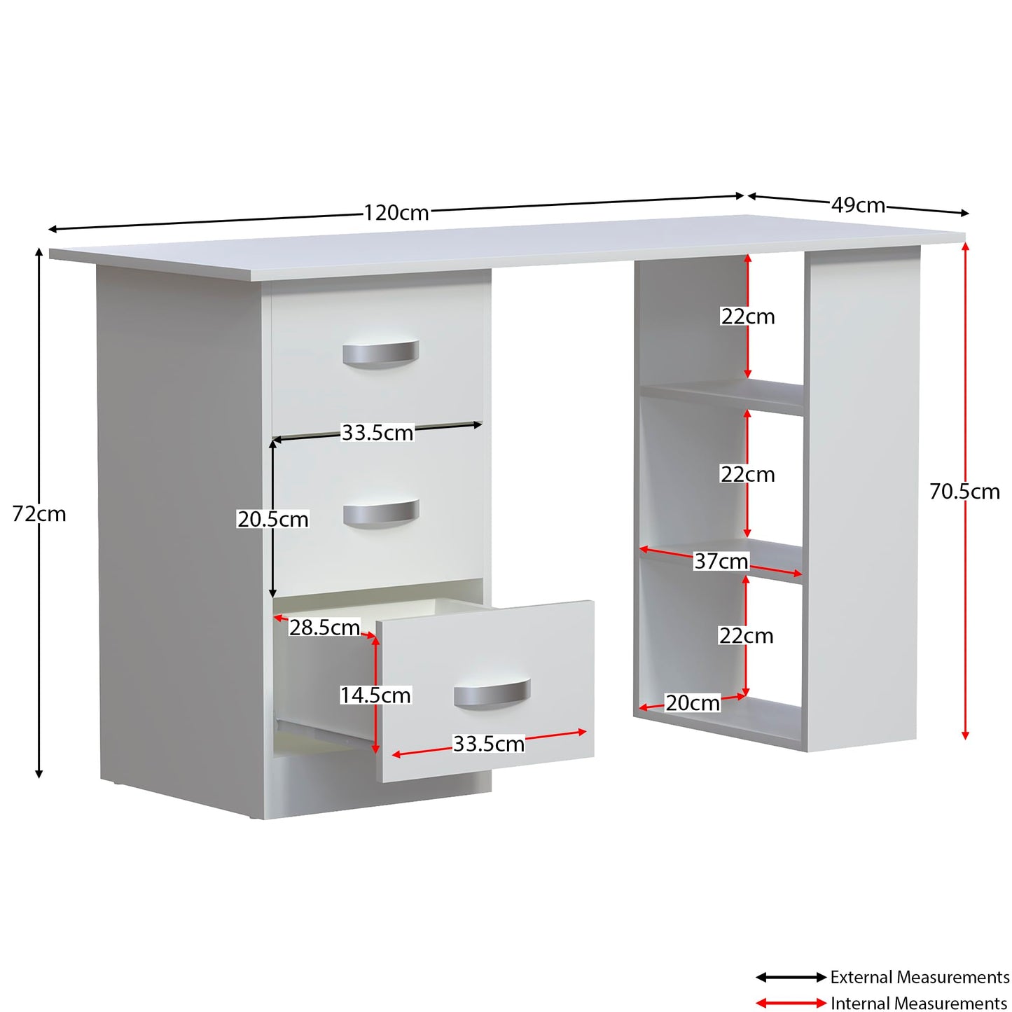 Vida Designs Mason - Escritorio para computadora con estantes y 3 cajones, Mesa de Juegos para PC o Laptop, estación de Trabajo de Estudio, Muebles Color Blanco