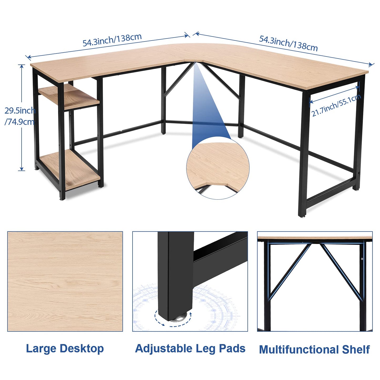 Himimi Escritorio de Ordenador (138X138X75cm), Gran Escritorio de Oficina en Forma de L, Mesa de Juegos para PC, Escritorio esquinero con 2 estantes