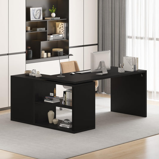Mudmasa Escritorio para ordenador, color negro, en forma de L, con 3 cajones y 2 estantes, mesa de oficina, mesa de juegos, mesa para el hogar, oficina, lugar de trabajo, moderno, 140 x 50 x 76 cm