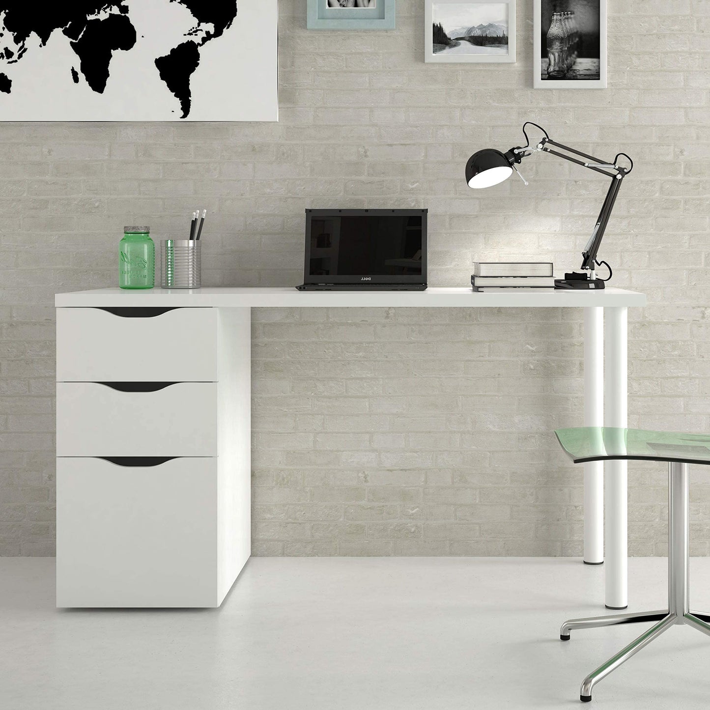 Habitdesign Mesa Ordenador Reversible con 2 Cajones y 1 Puerta, Mesa Despacho, Escritorio, Modelo Athena, Acabado en Color Blanco Artik, Medidas: 138 cm (Ancho) x 60 cm (Fondo) x 74 cm (Alto)