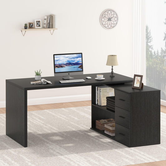 Mudmasa Escritorio para ordenador, color negro, en forma de L, con 3 cajones y 2 estantes, mesa de oficina, mesa de juegos, mesa para el hogar, oficina, lugar de trabajo, moderno, 140 x 50 x 76 cm
