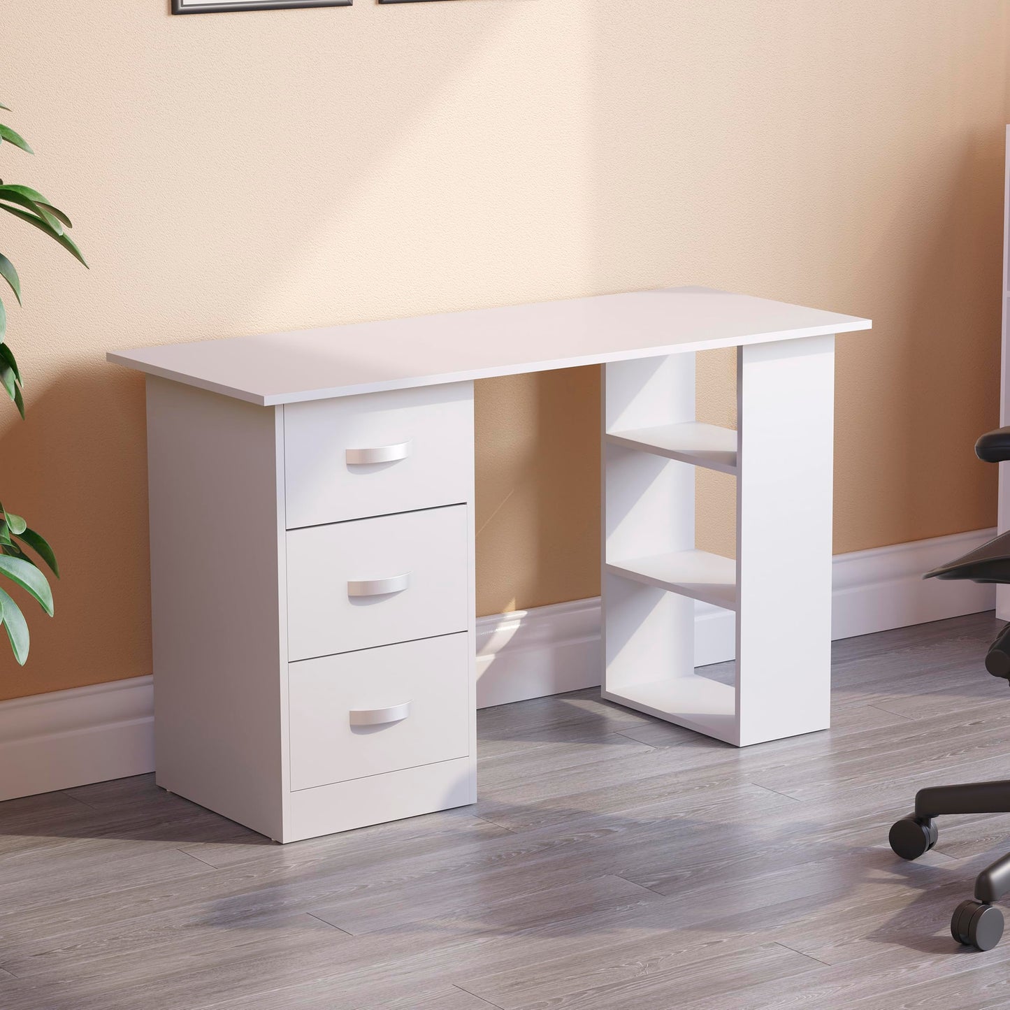 Vida Designs Mason - Escritorio para computadora con estantes y 3 cajones, Mesa de Juegos para PC o Laptop, estación de Trabajo de Estudio, Muebles Color Blanco