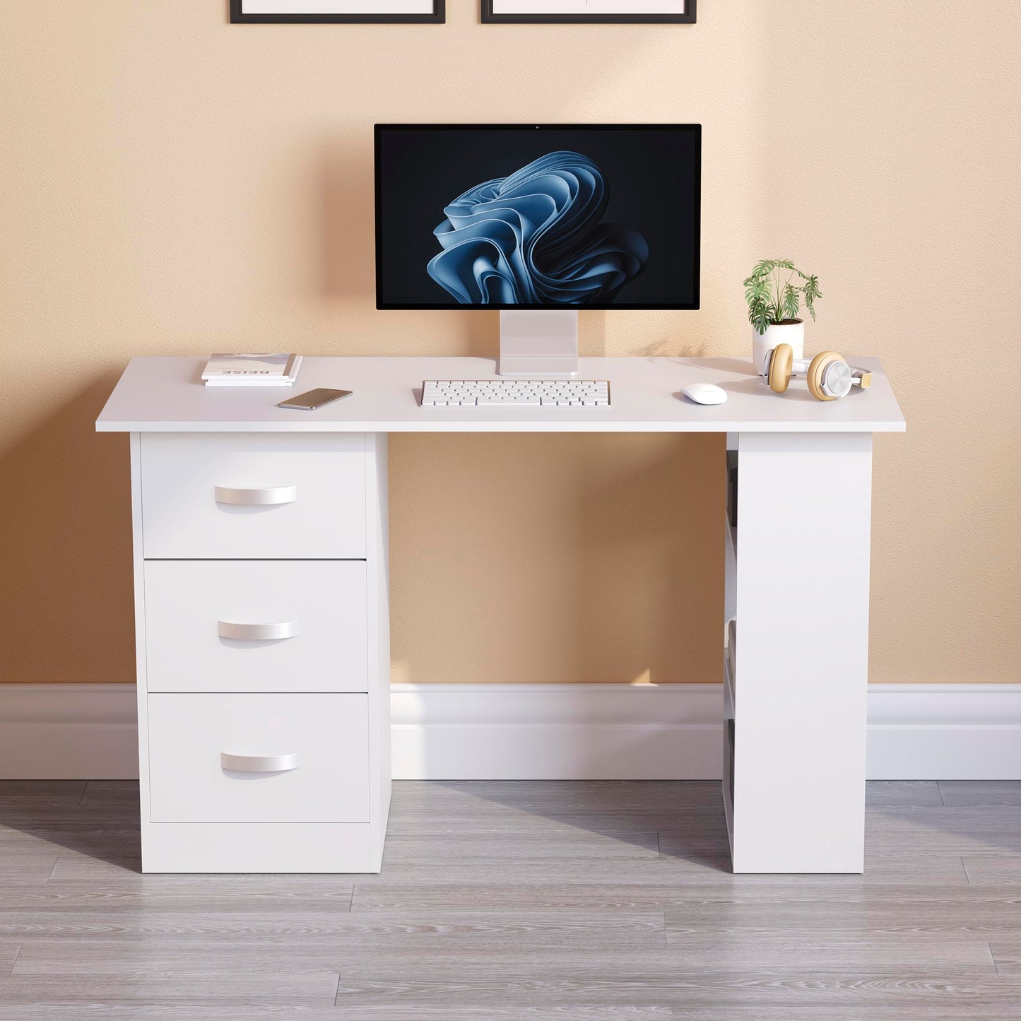 Vida Designs Mason - Escritorio para computadora con estantes y 3 cajones, Mesa de Juegos para PC o Laptop, estación de Trabajo de Estudio, Muebles Color Blanco