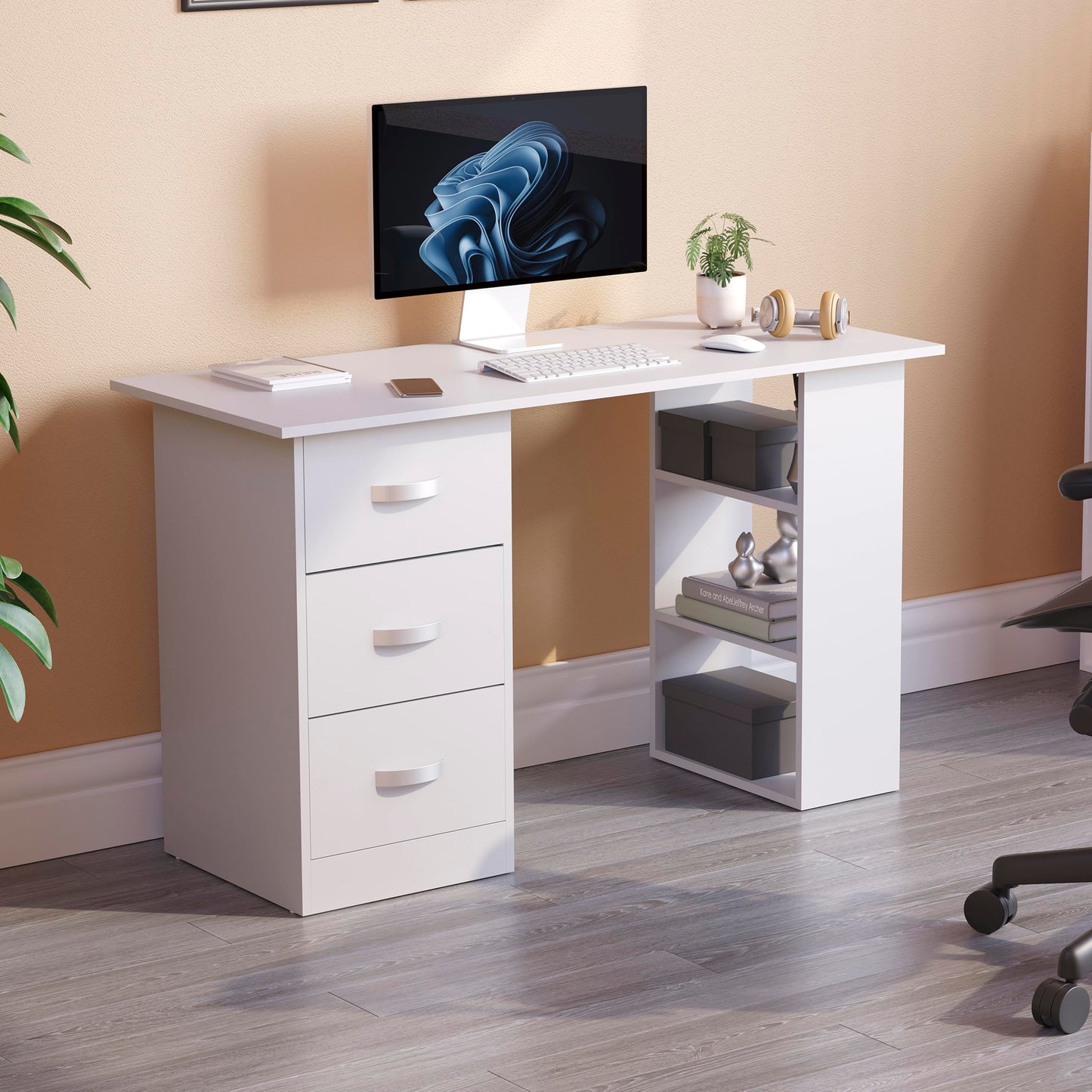 Vida Designs Mason - Escritorio para computadora con estantes y 3 cajones, Mesa de Juegos para PC o Laptop, estación de Trabajo de Estudio, Muebles Color Blanco