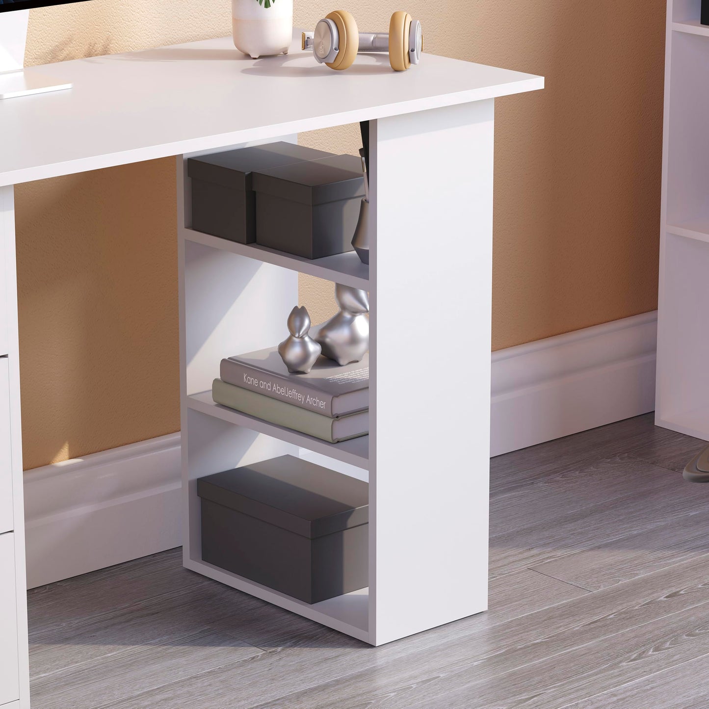 Vida Designs Mason - Escritorio para computadora con estantes y 3 cajones, Mesa de Juegos para PC o Laptop, estación de Trabajo de Estudio, Muebles Color Blanco