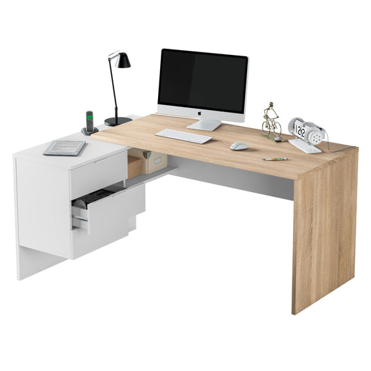 Habitdesign Escritorio con Cajonera, Mesa de Oficina, Modelo Office BUC, Acabado en Blanco Artik y Roble Cananadian, Medidas: 145 cm (Largo) x 102 cm (Fondo) x 73 cm (Alto)