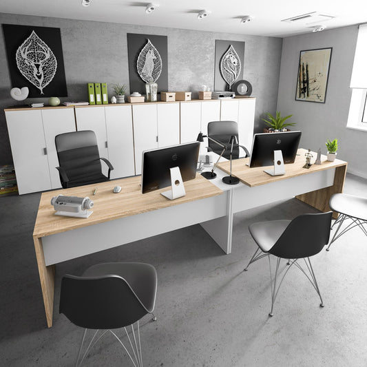Habitdesign Escritorio con Cajonera, Mesa de Oficina, Modelo Office BUC, Acabado en Blanco Artik y Roble Cananadian, Medidas: 145 cm (Largo) x 102 cm (Fondo) x 73 cm (Alto)